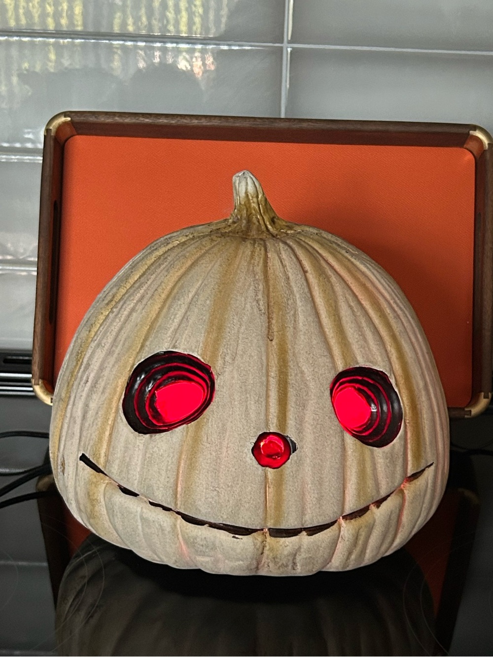 White distressed Decorative Light-Up Pumpkin Accent.